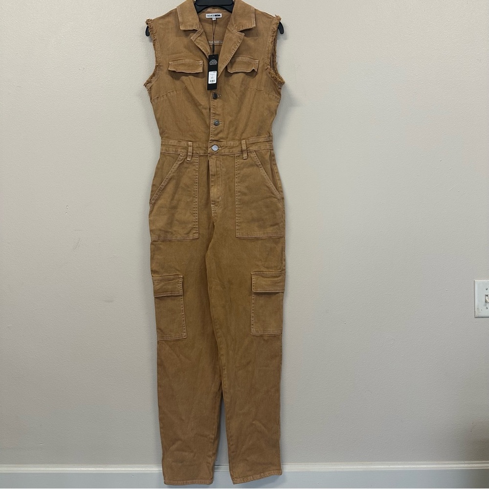 Tan Sleeveless Utility Denim Jumpsuit